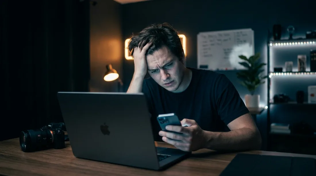 Un créateur seul dans son studio, la nuit, la tête dans la main, qui fixe son téléphone.