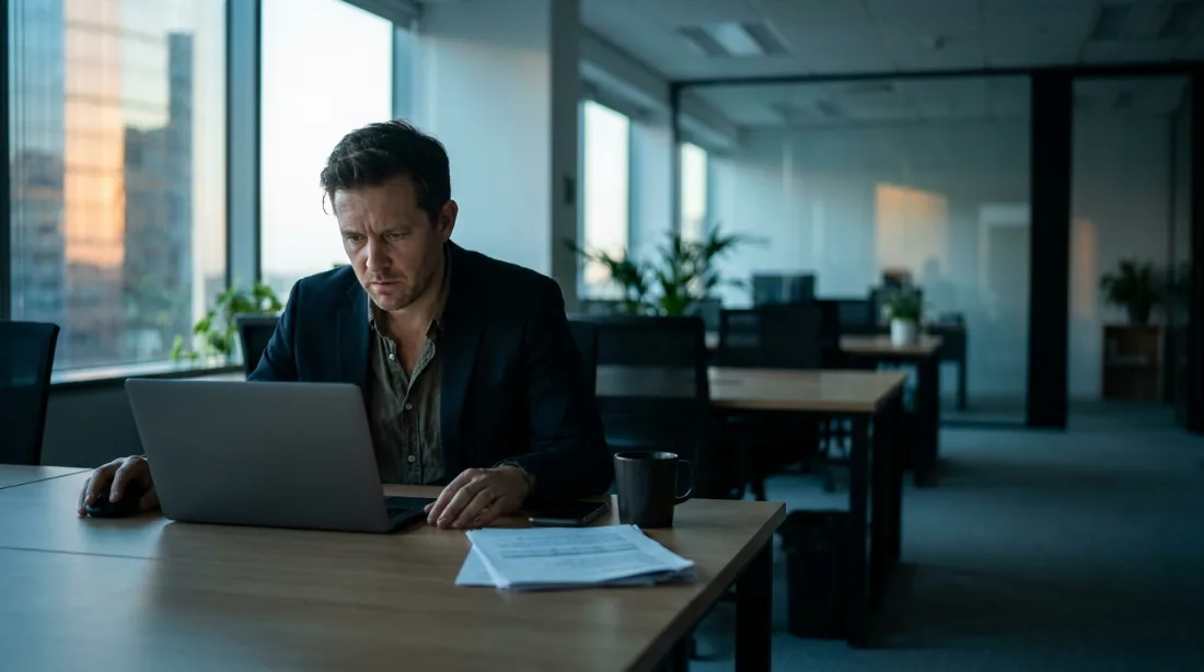 Un responsable marketing à son bureau, tendu devant son écran, le téléphone posé à côté de lui.