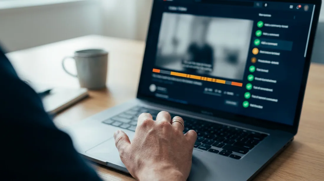 Écran d'analyse d'une vidéo : la barre de lecture met en évidence l'intro, l'intégration et l'outro, et une liste de critères se valide un à un.